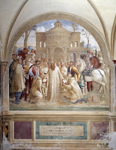 Benedikt posílá Maura do Francie a Placida na Sicílii (Benedikt posílá Maura do Francie a Placid na Sicílii) Freska kláštera od Lucy Signorelliho vyprávějící o životě svatého Benedikta z Nursie (480 - 567), zakladatele řádu benediktinů 1497- od Luca Signorelli