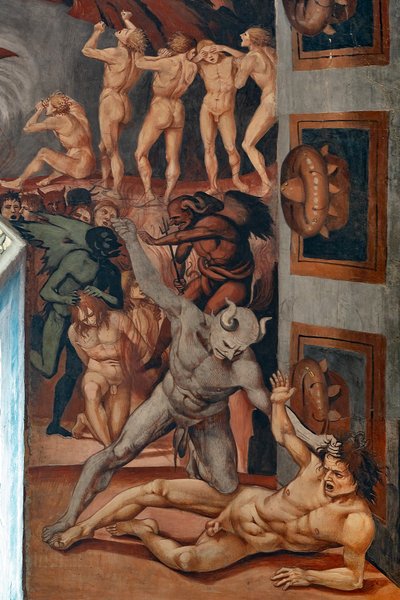 Call to Hell, fdetail zobrazující Antehell, převzato z Danteho popisu od Luca Signorelli
