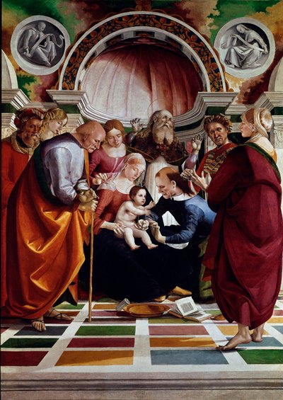 Obřízka. Mezi zastoupenými postavami: svatý Josef (s hůlkou), Panna Maria, Ježíš Kristus a svatý Simeon (zvedá ruce k nebi). Obraz Lucy Signorelliho (asi 1445-1523) 1491 cca. Slunce. 258,5x180 cm Londýn, Národní galerie od Luca Signorelli