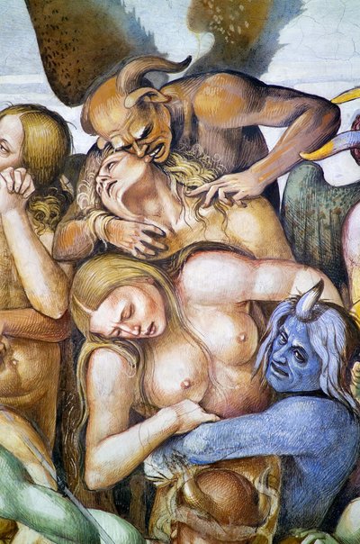 Zatraceni v pekle, detail s autoportrétem Lucy Signorelliho v přestrojení za modrého démona, z cyklu fresek Poslední soud od Luca Signorelli