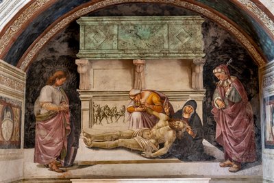 Oplakávání mrtvého Krista mezi dvěma svatými z Orvieta (S. Parenzo vpravo a S. Faustino vlevo) od Luca Signorelli