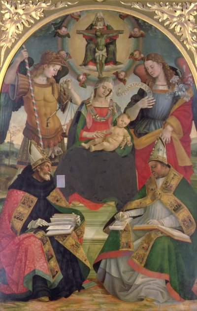 Trojice, Madona s dítětem, andělé a svatí, kolem 1505-08 (olej na panelu) od Luca Signorelli
