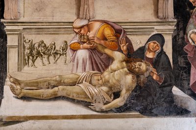Interiér, kaple Nova nebo kaple sv. Brizia, kaple svatých těl: "Nářek mrtvého Krista" mezi dvěma svatými z Orvieta (S. Parenzo vpravo a S. Faustino vlevo), Luca Signorelli od Luca Signorelli