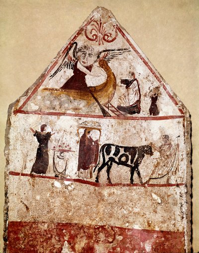 Býk vede na obětním oltáři lucanská freska ze 4. století př. n. l. z nekropole Andriuolo v italském Paestu. Museo nazionale archeologico, Paestum od Lucanian School
