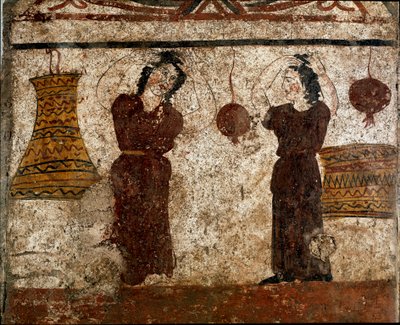 Skupina tanečníků během pohřebního obřadu lukánská freska ze 4. století před naším letopočtem z nekropole Paestum v Itálii. Museo nazionale archeologico, Paestum od Lucanian School
