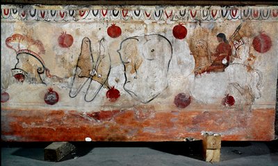 Jezdec a různé prvky jeho brnění lucanská freska ze 4. století př. n. l. z nekropole Paestum v Itálii. Museo nazionale archeologico, Paestum od Lucanian School