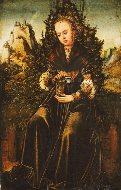 Svatá Máří Magdalena sedící na travnatém kraji v hornaté krajině, od Lucas Cranach