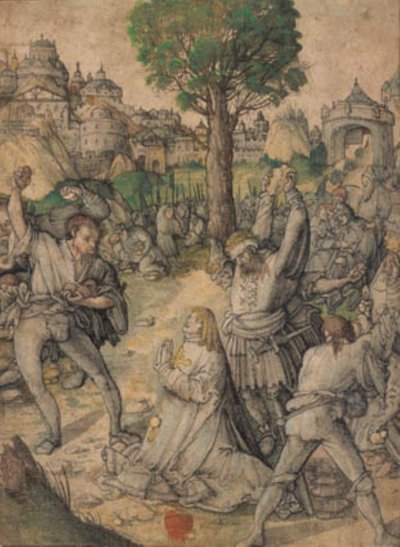 Kamenování svatého Štěpána před Zlatou bránou Jeruzaléma od Lucas Cranach d.Æ.