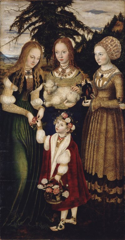 Oltářní obraz s Umučením svaté Kateřiny, levé křídlo: Svatí Dorothea, Agnes a Cunigunda od Lucas Cranach the Elder