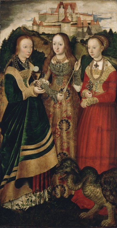 Oltářní obraz s Umučením svaté Kateřiny, pravé křídlo: Svatá Barbora, Uršula a Markéta od Lucas Cranach the Elder
