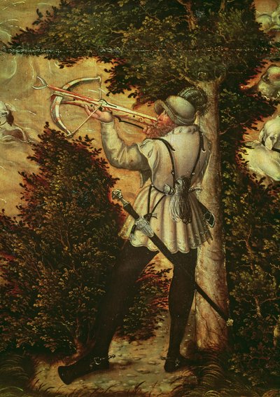 Střelec z kuše míří, detail "Lovu na počest Karla V. u hradu Hartenfels, Torgau", 1544 od Lucas Cranach the Elder
