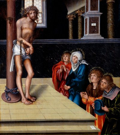 německy: Christus als Schmerzensmann an der Geißelsäule Kristus jako muž bolestí od Lucas Cranach the Elder