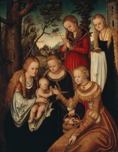 německy: Maria mit dem Jesusknaben und den Heiligen Katharina, Dorothea, Margaretha und Barbara (Sogenannte 