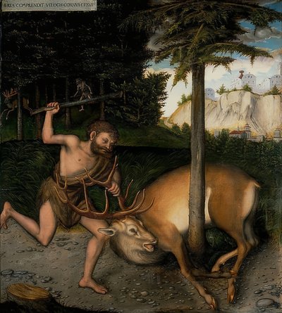 Herkules a Kerynitská laň. Ze série Herkulových činů. Po roce 1537 od Lucas Cranach the Elder