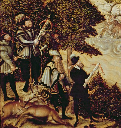 Johann Friedrich Magnanimous, saský kurfiřt a císař Karel V. loví jeleny poblíž zámku Hartenfels, Torgau, 1544 (detail 38682) od Lucas Cranach the Elder