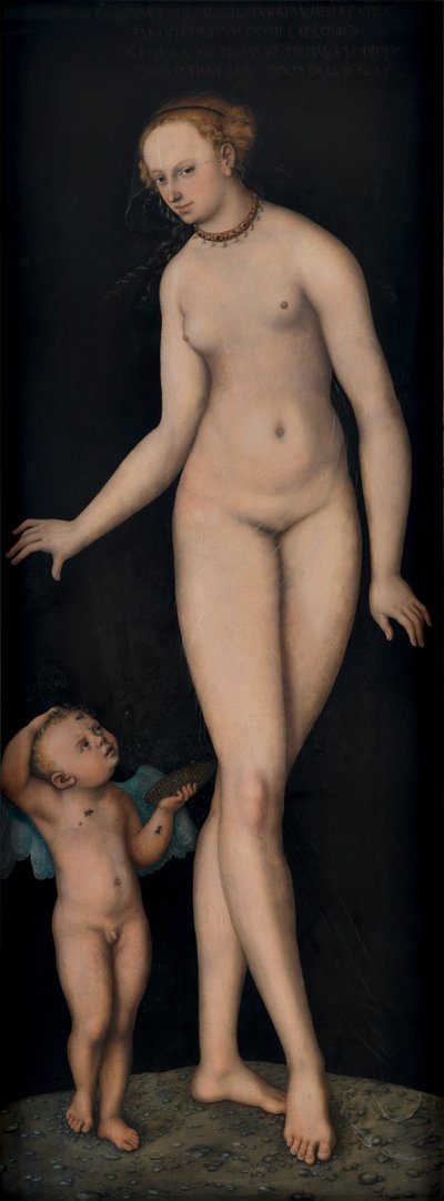Venuše s Amorem jako zloděj medu před černým pozadím od Lucas Cranach the Elder