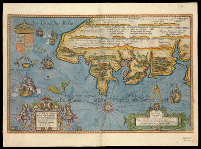 "Mapa anglického pobřeží s mořem zdobeným loděmi a příšerami od Lucas Janszoon Waghenaer