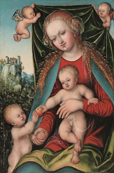 Svatá Panna a Dítě se Svatým Janem Křtitelem a anděly, lesní krajina s pevností na vrcholu útesu, kolem roku 1512 (olej na desce) od Lucas The Elder (studio of) Cranach