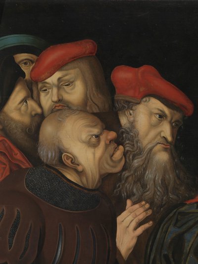 Kristus a žena odcizení z cizoložství, detail, cca 1700 (olej na dřevě) od Lucas the Elder (after) Cranach