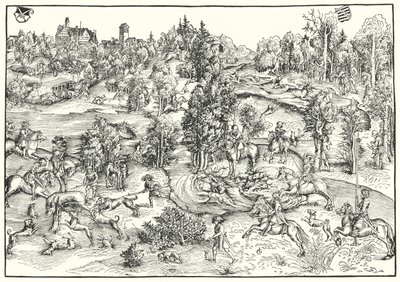 Lov jelena v jelení oboře nebo krajině (rytina) od Lucas the Elder (after) Cranach