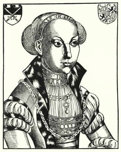 Sybille z Cleves, choť Jana Fridricha I., saského kurfiřta (rytina) od Lucas the Elder (after) Cranach