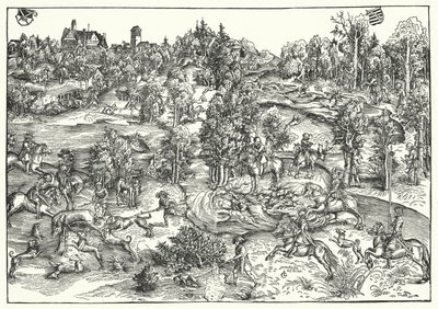 Lov na jelena (rytina) od Lucas the Elder (after) Cranach