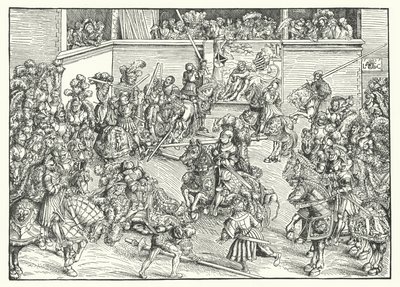 Turnaj s gobelínem Samsona a lva (rytina) od Lucas the Elder (after) Cranach