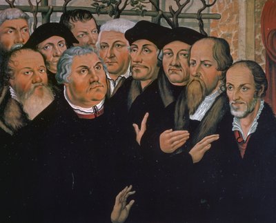 Martin Luther se zástupci protestantské reformace, vpravo Melanchton, uprostřed Erasmus Rotterdamský, detail ze Vzkříšení Lazara, obraz Lucase Cranacha Staršího (1472-1553) od Lucas the Elder Cranach