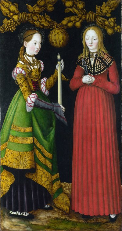 Svatá Genevieve a Saint Apolline (nebo Apollonia) (Svaté Genevieve a Apollonia). Svatá Genevieve (423-502 nebo 512), patronka města Paříže. Svatá Apollonia (nebo Apollonia) Alexandrijská (zemřela 249), mučednice a patronka zubařů. Malování z od Lucas the Elder Cranach