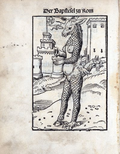 Bapstesel zu Rom (Papežský Asse nebo Římský papež Asse), Cranach, Lucas, starší (1472-1553). Dřevoryt od Lucas the Elder Cranach