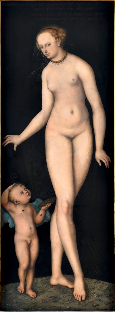 Venuše s Cupidem, zlodějem medu, Cranach, Lucas, starší (1472-1553). Olej na dřevě, po 1537. Rozměr: 175,4x66,3 cm. Germanisches Nationalmuseum, Norimberk od Lucas the Elder Cranach