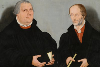 Martin Luther (1483-1546) a Philipp Melanchthon (1497-1560) od Lucas the Younger Cranach