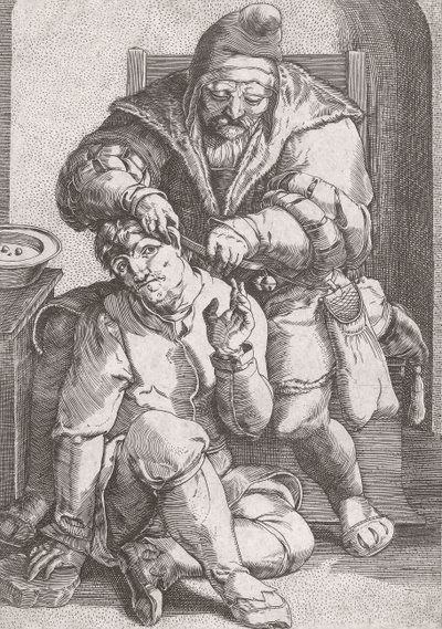 Barber chirurg ze 17. století pečující o pacientovo ucho. od Lucas van (after) Leyden