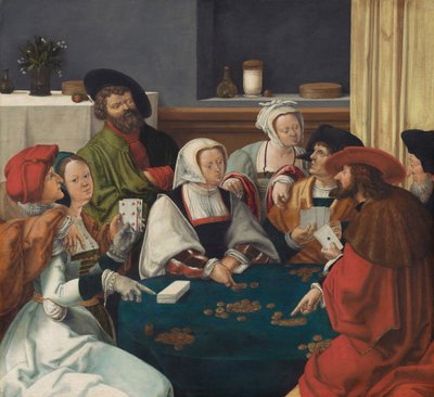 Hráči karet, pravděpodobně kolem 1550-99 (olej na plátně) od Lucas van (after) Leyden