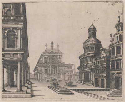 Roh paláce s kolonádou a kruhovou budovou od Lucas van Doetechum and Johannes
