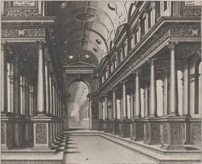 Interiér kostela se sochou v pozadí od Lucas van Doetechum and Johannes