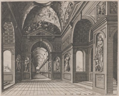 Interiér křížově klenutého sálu zdobeného groteskami od Lucas van Doetechum and Johannes