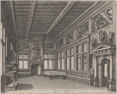 Interiér s bufetem, komínem a náboženskými obrazy od Lucas van Doetechum and Johannes