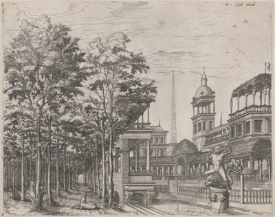 Krajina se stromy, dvěma jeleny a nádvořím paláce od Lucas van Doetechum and Johannes