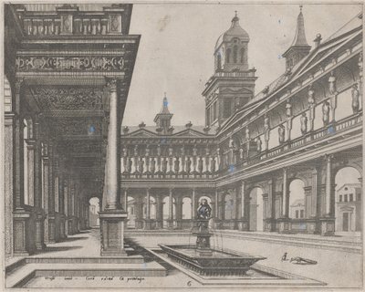 Palácové nádvoří s fontánou v obdélníkové pánvi od Lucas van Doetechum and Johannes