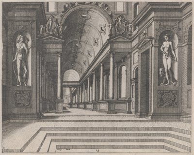 Pohled do kostela s korintskými sloupy a sochami Apollóna, Melpomene a Mojžíše od Lucas van Doetechum and Johannes