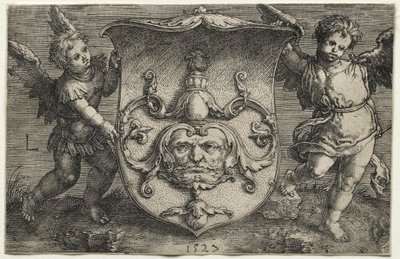 Štít s maskou podporovanou dvěma génii od Lucas van Leyden