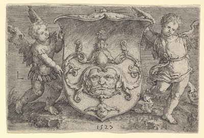 Erb s maskou, držený dvěma Genii, 1527. od Lucas van Leyden