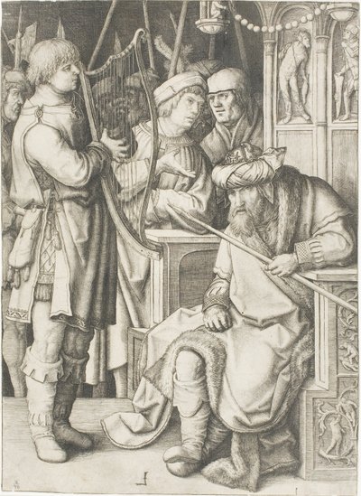 David hraje na harfu před Saulem od Lucas van Leyden