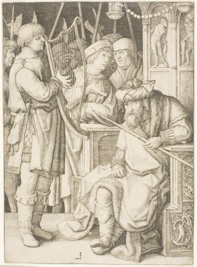 David hraje na harfu před Saulem od Lucas van Leyden