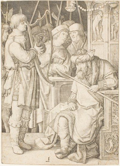 David hraje na harfu před Saulem od Lucas van Leyden