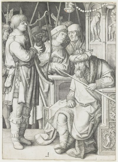 David hraje na harfu před Saulem, c. 1508 od Lucas van Leyden