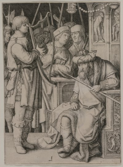 David hraje na harfu před Saulem, c. 1508. od Lucas van Leyden