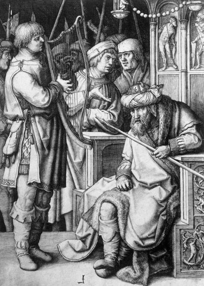 David hrající na harfu před králem Saulem, asi 1508, autor Lucas van Leyden (asi 1494-1533), rytina od Lucas van Leyden