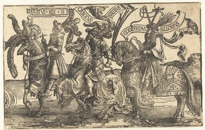 Hrdinové král Artuš, Karel Veliký a Godfrey z Bouillonu The Nine Heroes (název série) od Lucas van Leyden